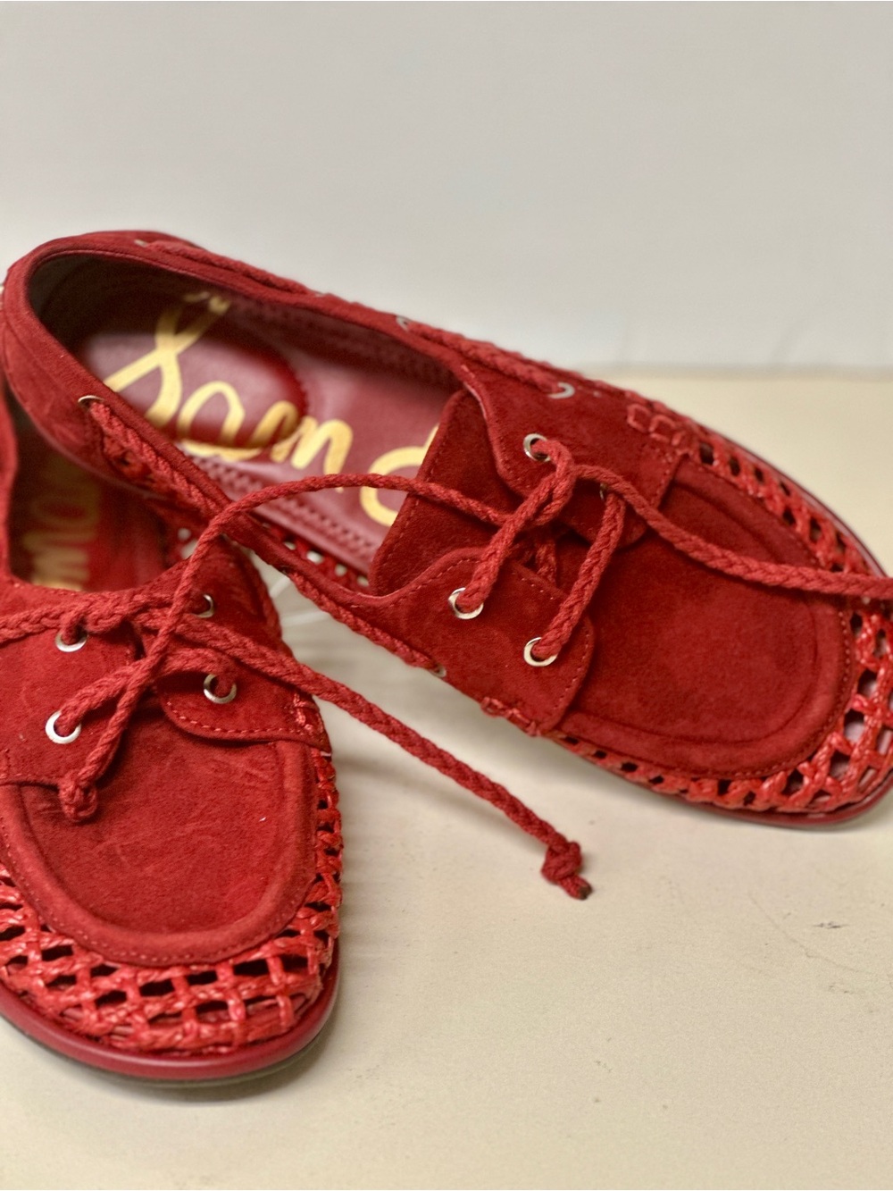 Sam Edelman Red Suede Braided Moccasin Loafers